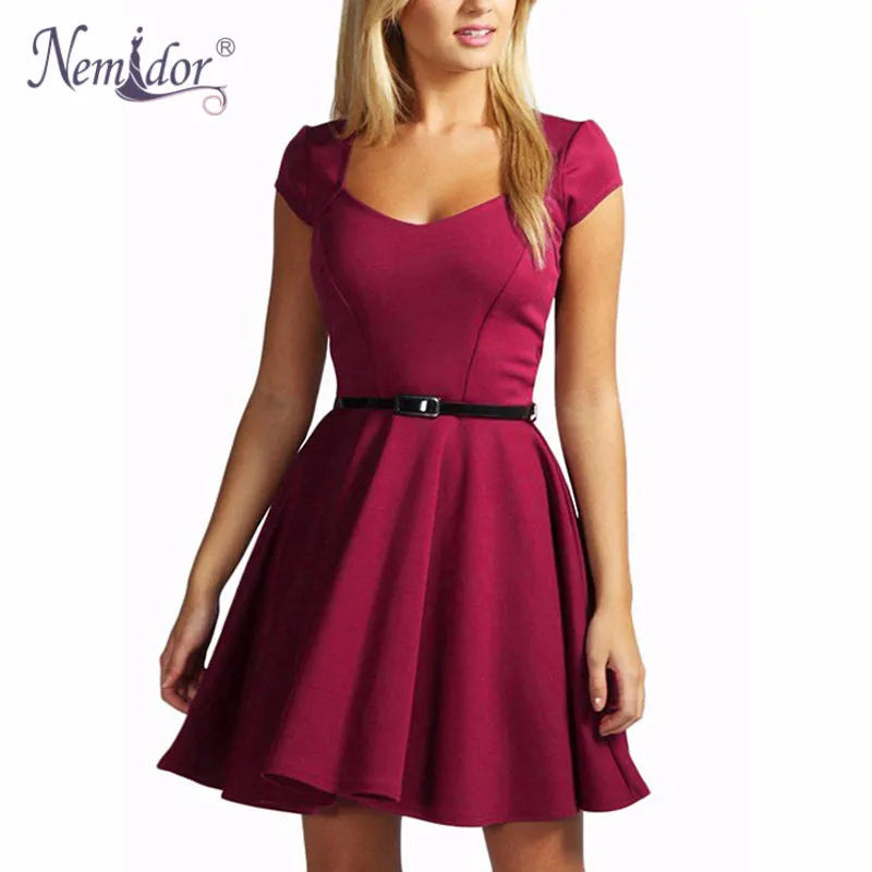 Nemidor 2016 New Arrival Women Elegant V Neck Solid Retro Mini Dresses Casual Short Sleeve Party