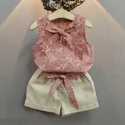 Новинка 2017 года девушки цветок печати жилет + Однотонная одежда штаны комплекты для маленьких девочек детская одежда модные Стиль Одежда