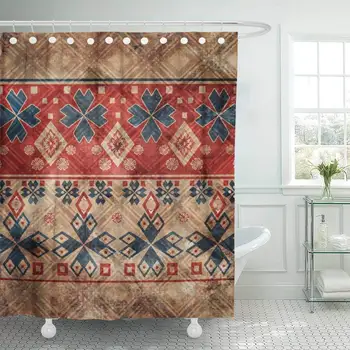 

Shower Curtain with Hooks Floral Ethnic Boho Grunge Old Pattern Tribal Colorful Vintage Carpet Simple Geometric Bathroom