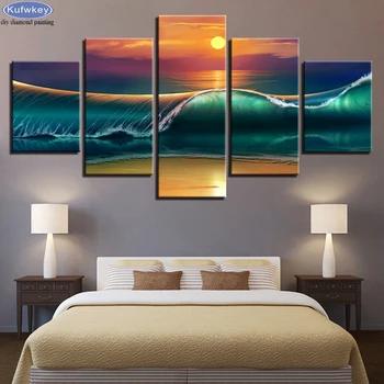 

DIY 3D Diamond Embroidery Sunset Beach Huge Waves Seascape Diamond Painting Cross Stitch Mosaic rhinestone pictures 5 PCS/SET