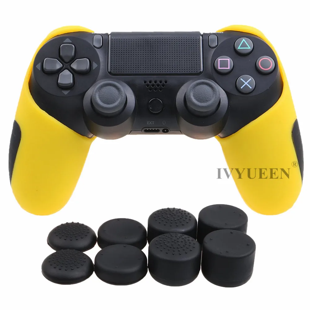 IVYUEEN Толстая Половина кожи для playstation Dualshock 4 PS4 Pro тонкий контроллер силиконовый чехол с 8 колпачками - Цвет: Цвет: желтый