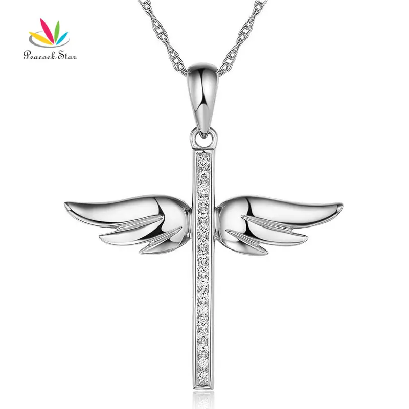 

Peacock Star 14K White Gold Angel Wing Cross Pendant Necklace 0.08 Ct Diamonds