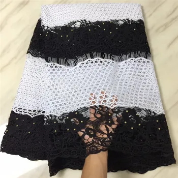 

Newest Beaded African Cord Lace Fabrics White And Black Wedding Cord Lace 5yards High Quality Cotton Guipure Lace Fabric 2018