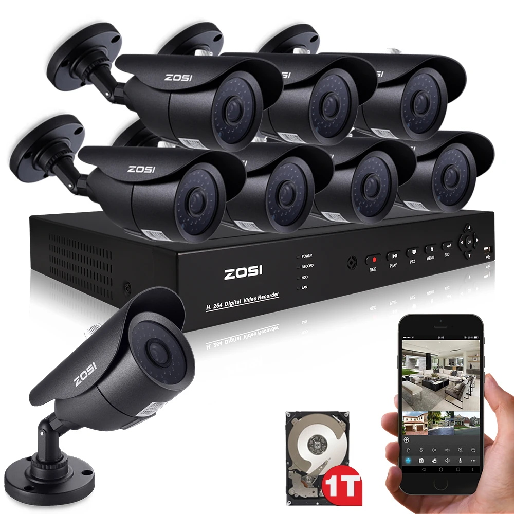 ZOSI 8CH CCTV System 1080P DVR 8PCS 1000TVL IR Weatherproof Outdoor Video Surveillance Home Security Camera System 8CH DVR Kit