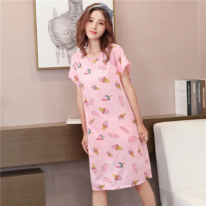 Летняя ночная рубашка с коротким рукавом, милый Шелковый корейский Повседневный пижамный комплект с круглым вырезом, винтажная ночная рубашка Kawaii, ночная рубашка - Цвет: Розовый