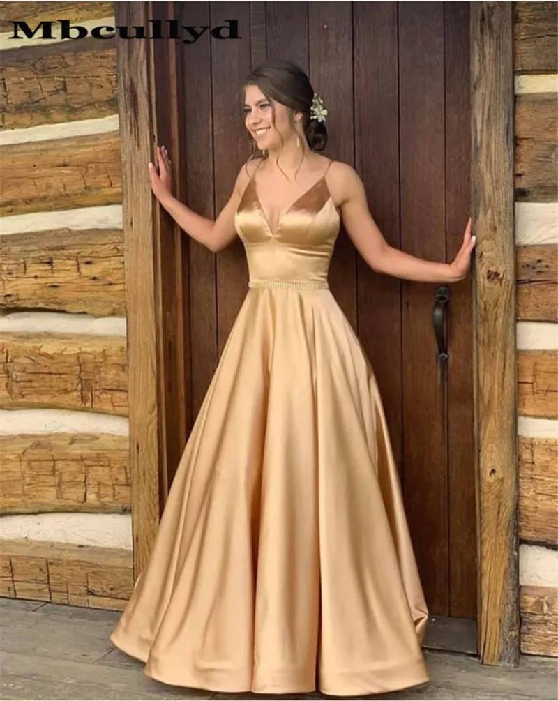 

Mbcullyd Deep V-neck Prom Dresses Long 2019 Sexy Backless Gold Evening Gala Dress Party Gowns Formal Satin robe de soiree