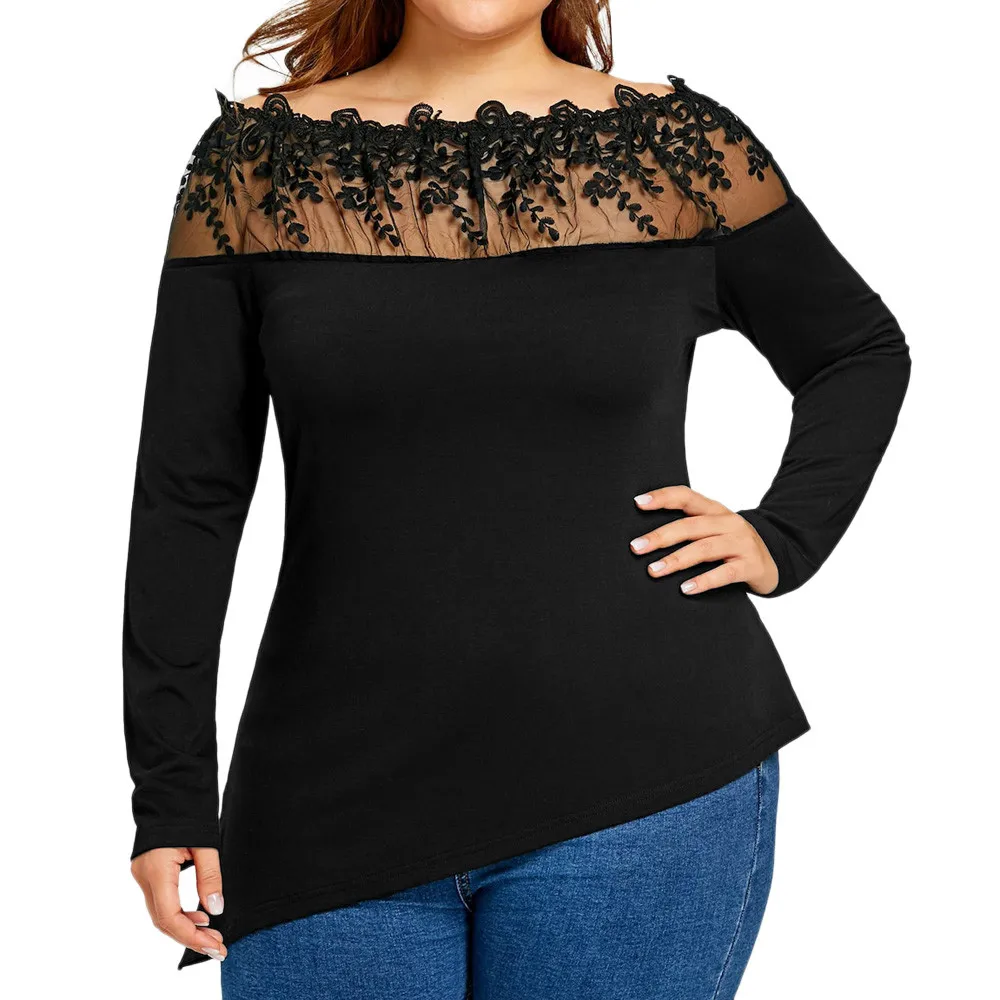 Большой размер Женская кружевная Лоскутная футболка-блузка с длинным рукавом Повседневная рубашка Топы Блузка пуловер Топы Кружевные блузы размера плюс - Цвет: Black