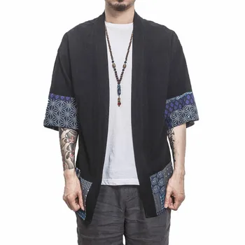 

Men Cotton Linen Shirt New Male Three Quarter Sleeve Shirts Harajuku Mens Clothing Men Kimono Traditional Open Stitch Shirt 5XL
