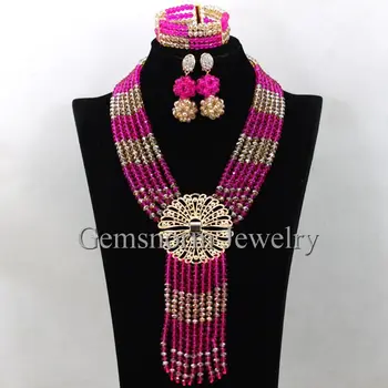 

Splendid Fuchsia Gold African Bridal Costume Women Jewelry Set Dubai Indian Crystal Party Necklace Set Free Shipping WA490