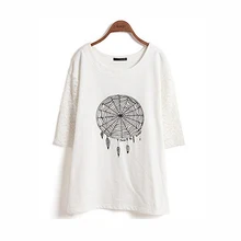 Футболка женская летние большого размера M- 4XL 5XL 6XL ловец снов хлопок кружево женская одежда больших размеров большой размер белая футболка модная лето футболка с принтом