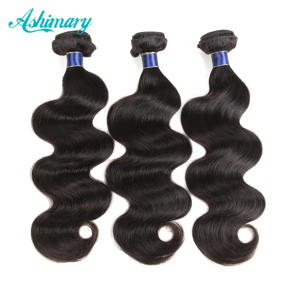 Ashimary Peruvian Body Wave 3 Bundles Non-Remy Human Hair Bundles 8-28inch Hair Weave Natural Black Color