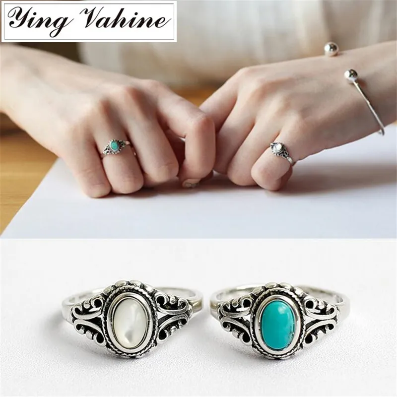 

100% 925 Sterling Silver Jewelry Retro Green Stone and Shell Stone Open Rings for Women bijoux en argent 925