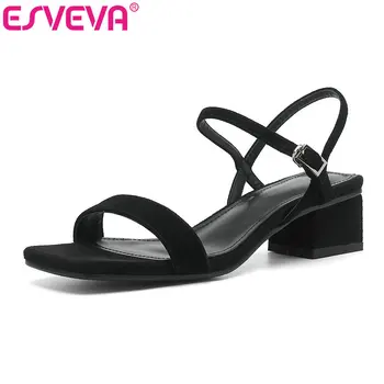 

ESVEVA 2019 Women Sandal Square Med Heel Kid Suede Square Toe Buckle Ankle Strap Slingback Elegant Concise Pumps Size 34-40