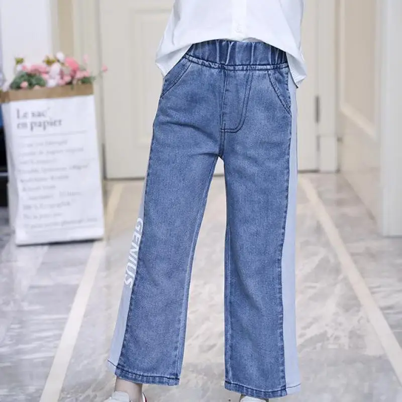 

2019 New Casual Girls Jeans Enfant Kids Elastic Waist Stripe Pants Spring Summer Trousers For Girls Kids Clothes Girls 8 To 12