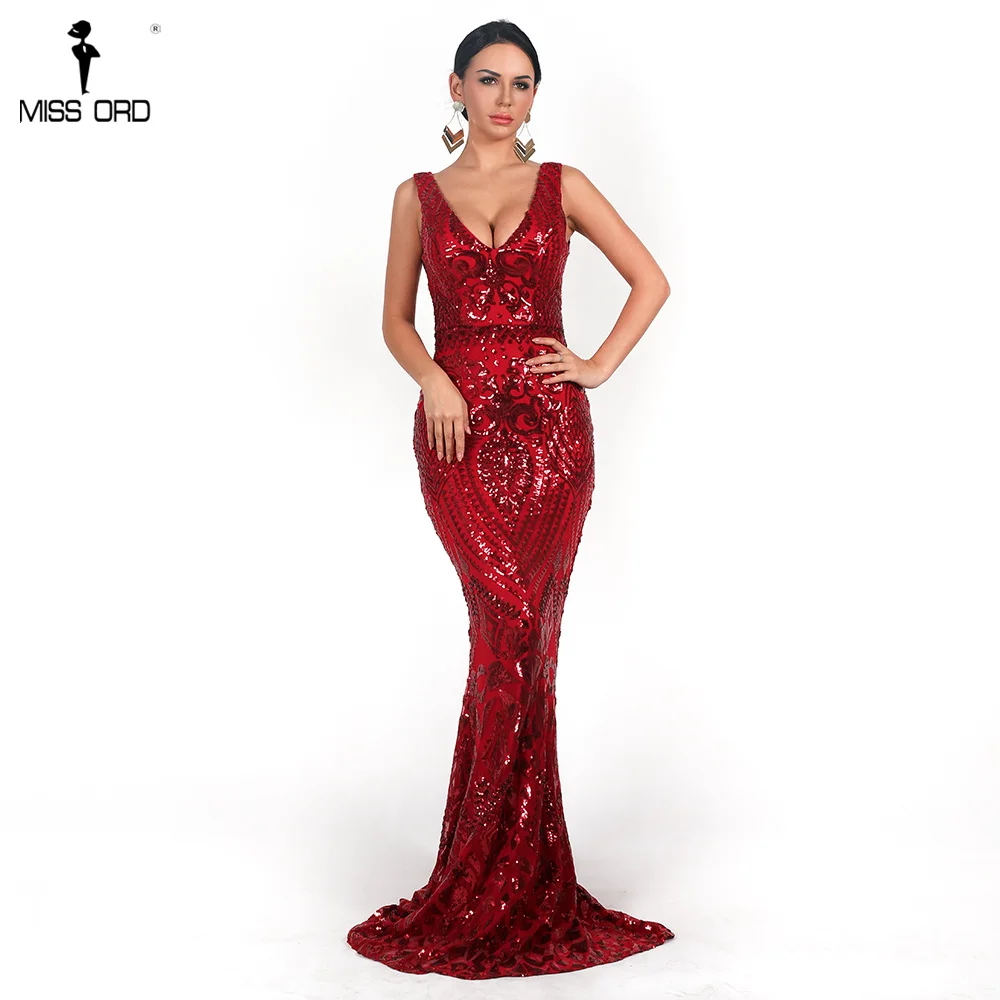 Skup Missord 2019 Sexy Women V Neck długa, bez rękawów sukienka z cekinami Retro geometria sukienka maxi z odkrytymi plecami elegancka sukienka odblaskowa FT18726