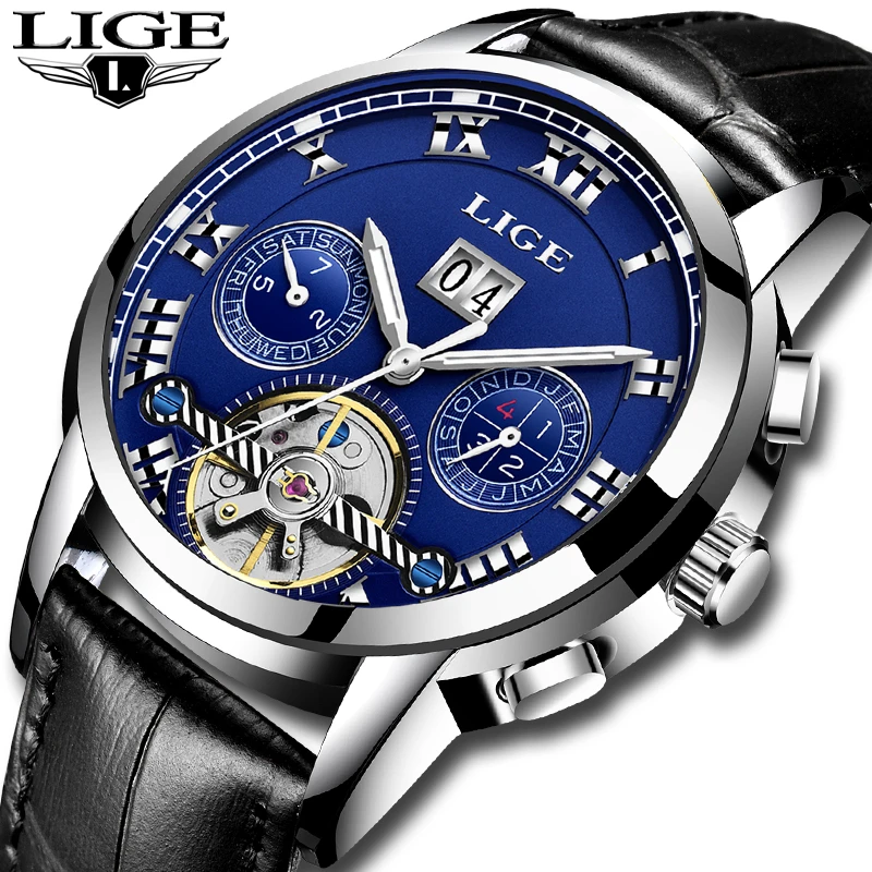 

LIGE Watchbrand Men's Watches Automatic mechanical Wristwatches Leather watchband business waterproof Clock relogio masculino