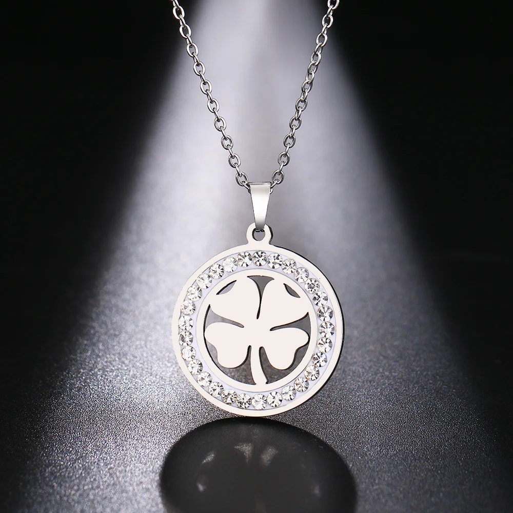Cacana Stainless Steel Crystal Round Pendants Necklace Women Jewelry Clover Trendy Necklaces Donot Fade Valentine's Day Gift (5)