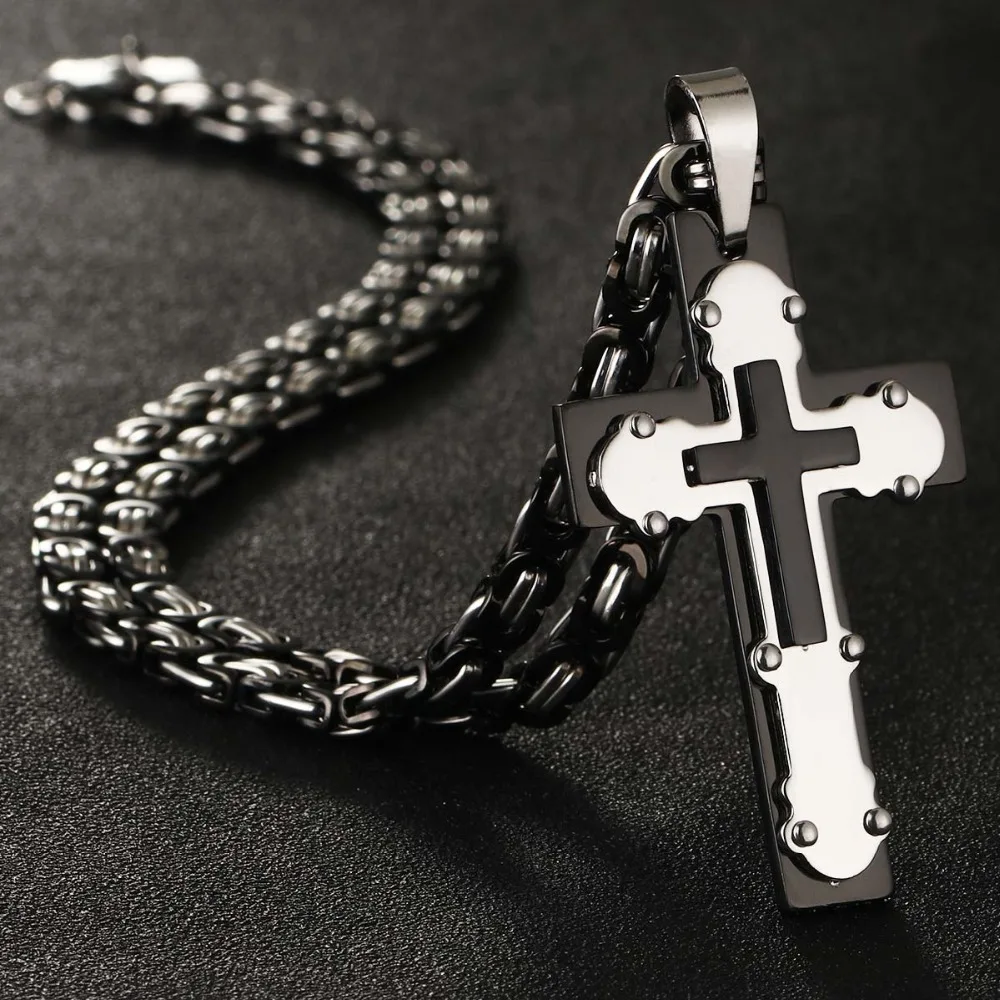 

Men's Byzantine Statement Necklace Punk Stainless Steel Black Silver Tone Rivet Cross Pendant Necklace Boys Male Jewelry NC047