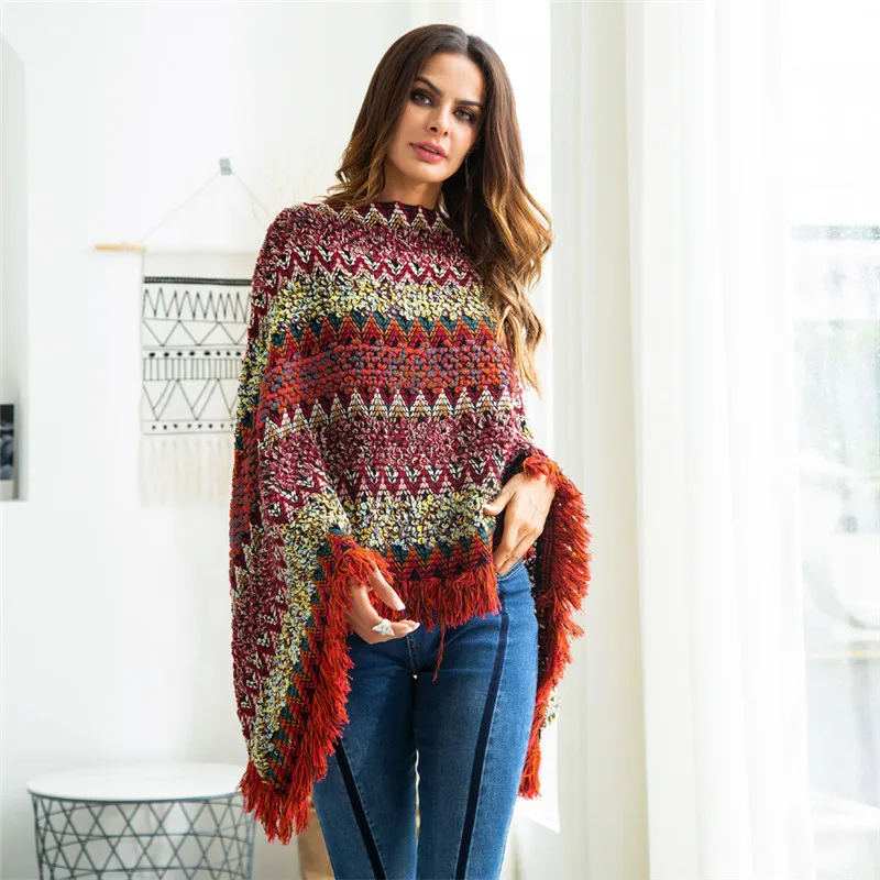 

Women Bohemian Robes Sweater 2019 Spring Rainbow Tassel Colorful Knitted Pullover Winter Party Wearing Knitting Sweaters
