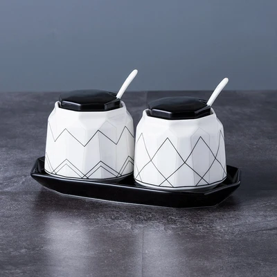 Геометрические линии дизайн сахарница домашняя кухня Ceramica для соли и специй Приправа сахарный контейнер для хранения с крышкой ложки - Цвет: 2 pcs with tray