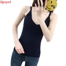 Женские трикотажные нижние жилеты Лето Осень сексуальный v-образный вырез вязаный жилет женская Бесшовная майка Леди без рукавов тонкие свитера