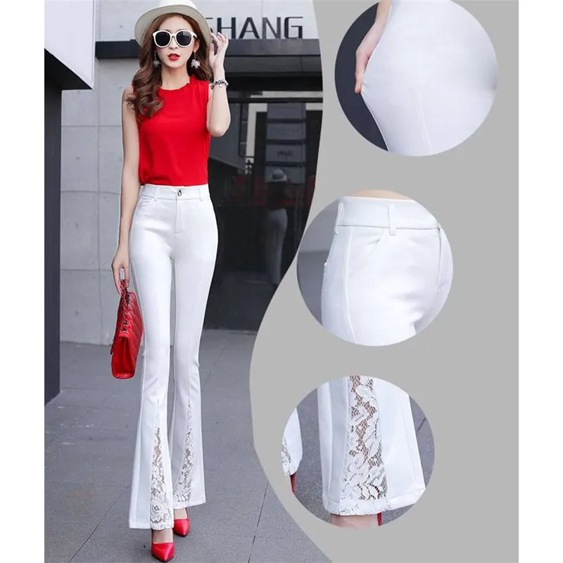 Elegant Office Lady Lace Embroidery Stitching Flared Pants Womens Sexy High Waist Bell Bottom Pants Casual Stretch OL Trousers