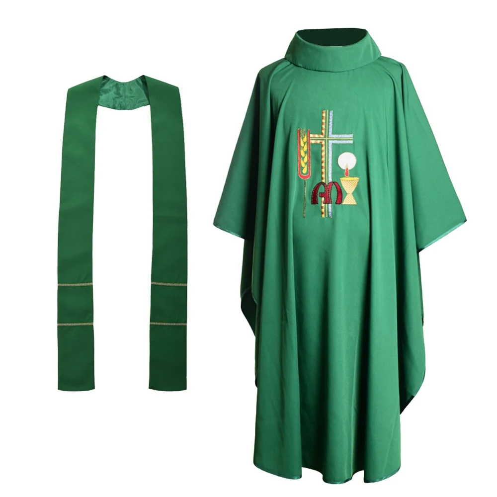Зеленый церковный костюм с вышивкой в виде пшеницы, костюм христианского креста
