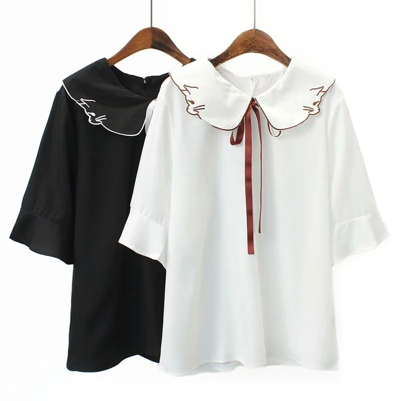 

Plus Size Women Cat Neck T Shirts Black White Half Sleeve Cool Feeling T Shirt Top Tees tshirt Big Size Tie Neck T-shirt Female
