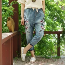 Бренд вышивка отверстие женские джинсовые брюки Весна Осень Новые Модные свободные женский с эластичной талией ковбойские брюки джинсы gx514