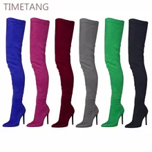 Женские сапоги с высоким голенищем 71 см замшевые эластичные сапоги высокие сапоги до бедра на высоком каблуке женские пикантные Сапоги выше колена с острым носком на молнии 35-44