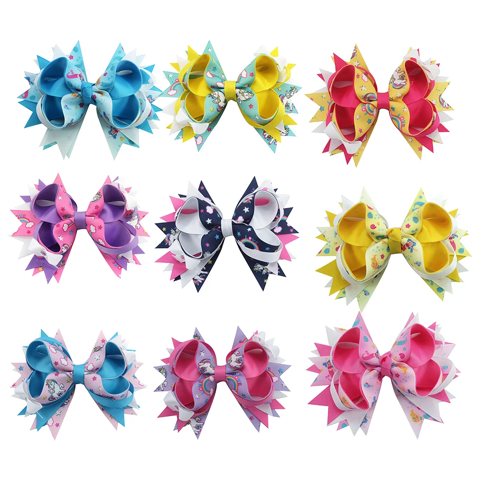 

9pcs colorful Cartoon Girls Hair Bows with Clips Boutique Handmade Ribbon Hairpins rainbows for girls gifts Hair Accessories