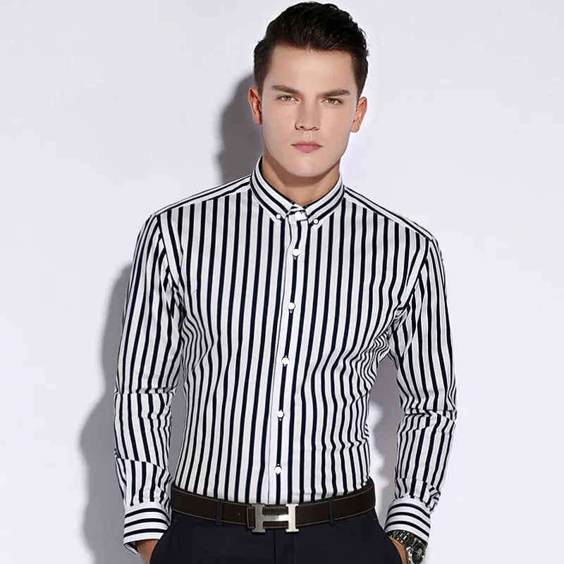 LQ120601027 новые рубашки с длинными рукавами Мужская мода Повседневная отделка вертикальные полосы показать тонкие мужские рубашки