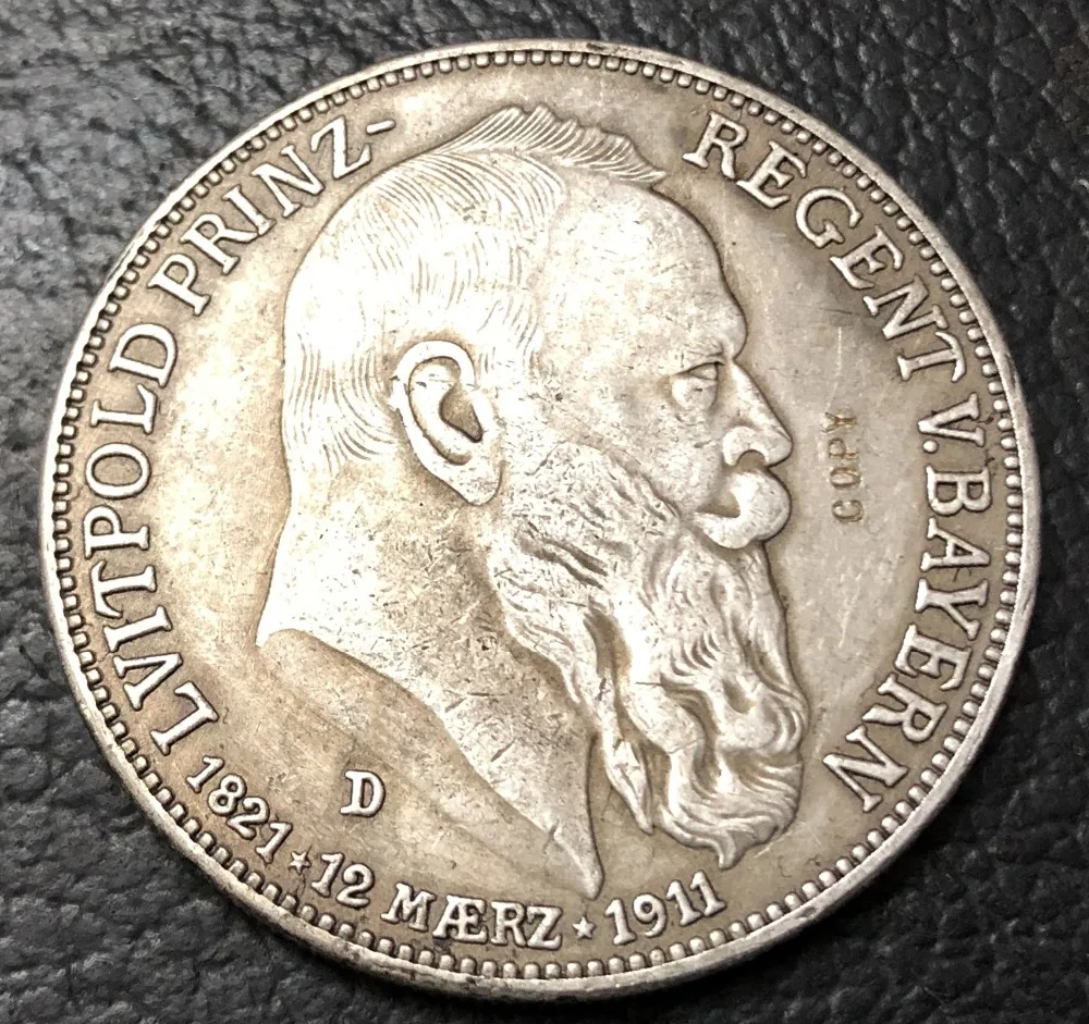 1911 D Королевство Бавария 5 Марк Отто Посеребренная КОПИЯ монета|Безвалютные