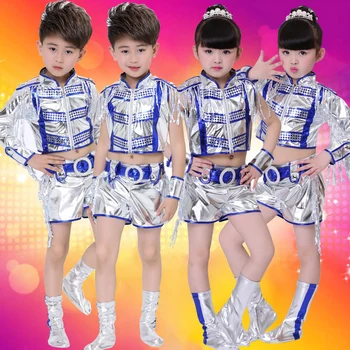 

Sparkly Silvery Stage Costumes Kids Jazz Dance Hip-hop Dance Navel Exposed Cheerleader Clothes For Performance Show BL1213