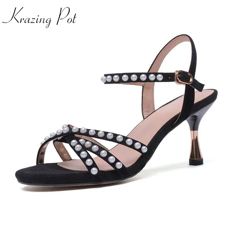 

Krazing Pot 2018 sheep leather pearl-studded peep toe stiletto high heel diamond superstar art sandals buckle straps shoes L07