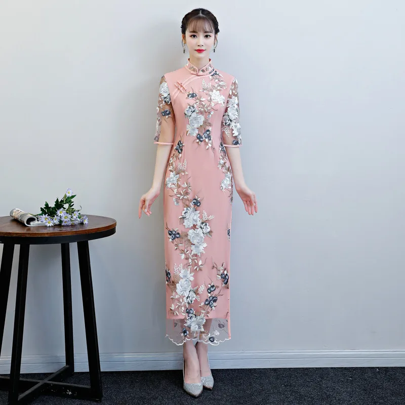 Женское кружевное сексуальное вечернее платье в китайском стиле, новинка, большие размеры 3XL, длинное платье чонсам, элегантное женское платье с высокой строчкой, оболочка, Qipao