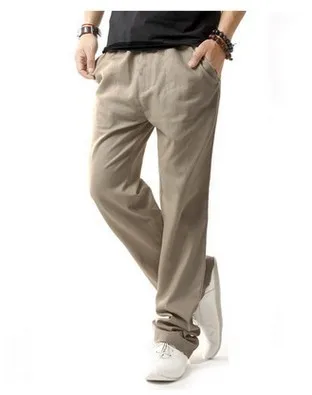 Летние повседневные Прямые брюки, одноцветные дышащие брюки размера плюс, мужские хлопковые и льняные брюки