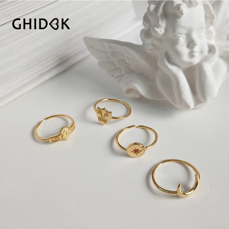 

GHIDBK 925 Sterling Silver Statement Rings Set Gold Starburst Baby Moon Stackable Ring for Women Minimalist Stack Ring Wholesale