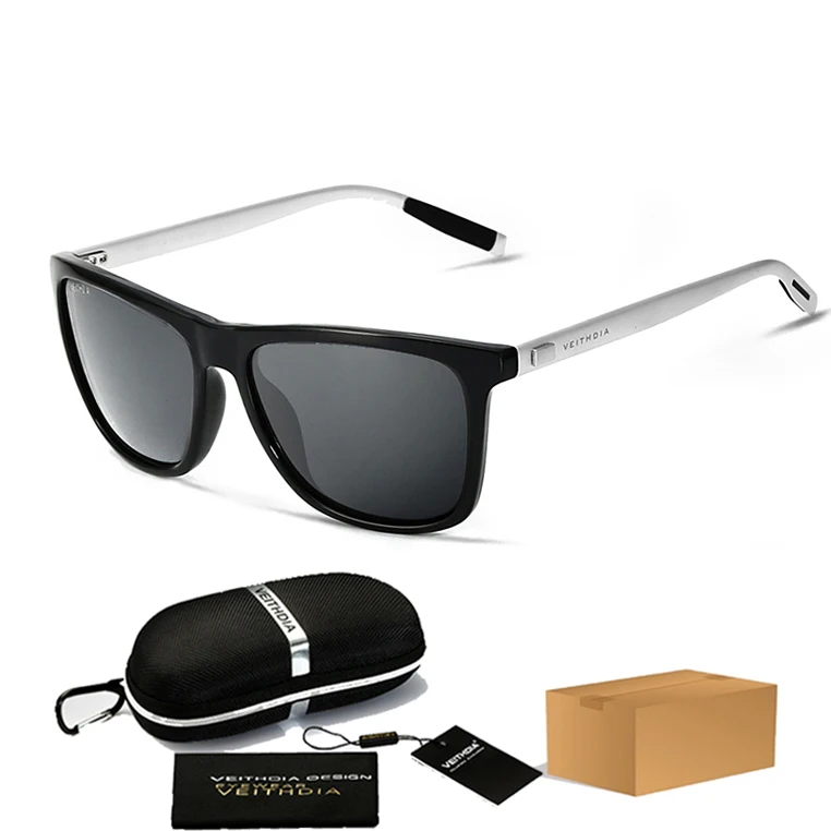 Бренд VEITHDIA, унисекс, Ретро стиль, алюминий+ TR90, квадратные поляризованные солнцезащитные очки, линзы, винтажные очки, аксессуары, солнцезащитные очки для мужчин/женщин - Цвет линз: Black With Case