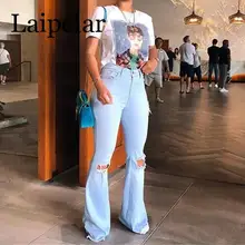 Laipelar/ весенние модные уличные Женские однотонные длинные джинсовые брюки с дырками и высокой талией, женские узкие брюки с дырочками