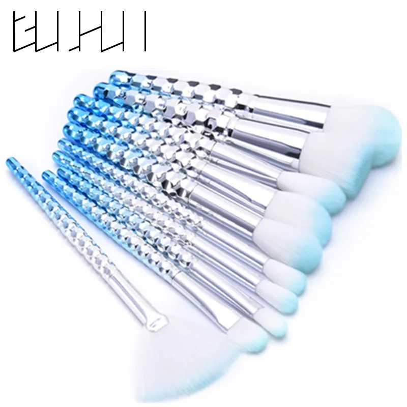 

10Pcs Fresh Blue Cute Make Up Brush Set Full Professional Makeup Kit Big Large Fan Brush Concealer Foundation Eyeshadow Brush