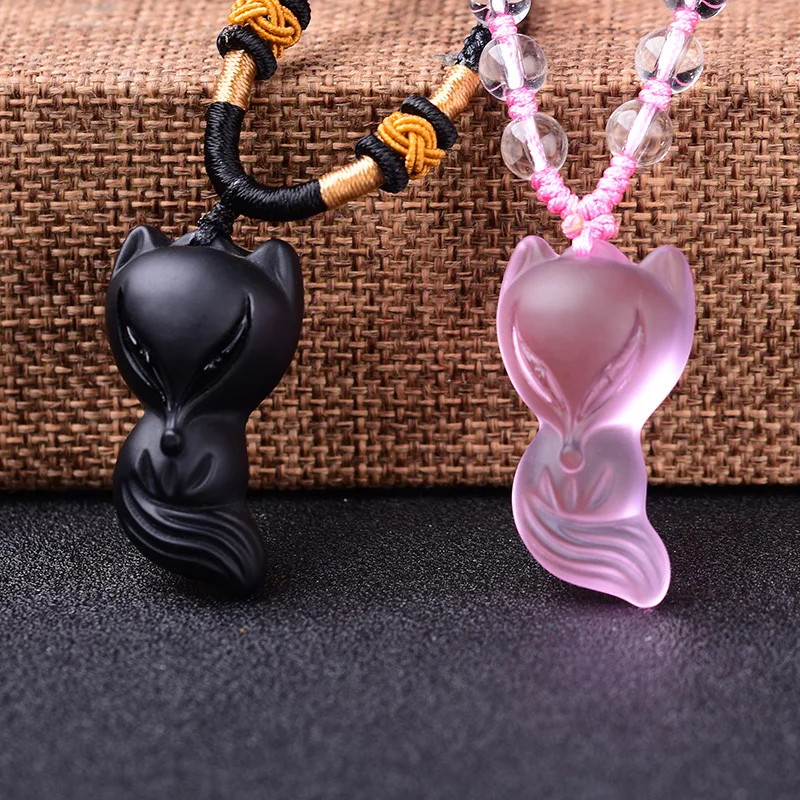 

Pink Natural Crystal Black Obsidian Carved Cute Fox Lucky Amulet Pendant + Rope Necklace Fashion Lover's Jewelry