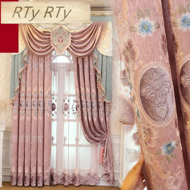 

New luxury chenille embroidered curtains finished custom for living room high quality pink blue curtains for bedroom girls room