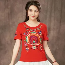 KYQIAO Женская Оригинальная дизайнерская Этническая футболка с круглым вырезом и короткими рукавами, черная, красная, белая, зеленая футболка с вышивкой женская футболка