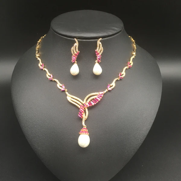 

2019 new fashion luxury eleglant red zircon golden necklace earring set,wedding bride dinner party banquet dress jewelry set