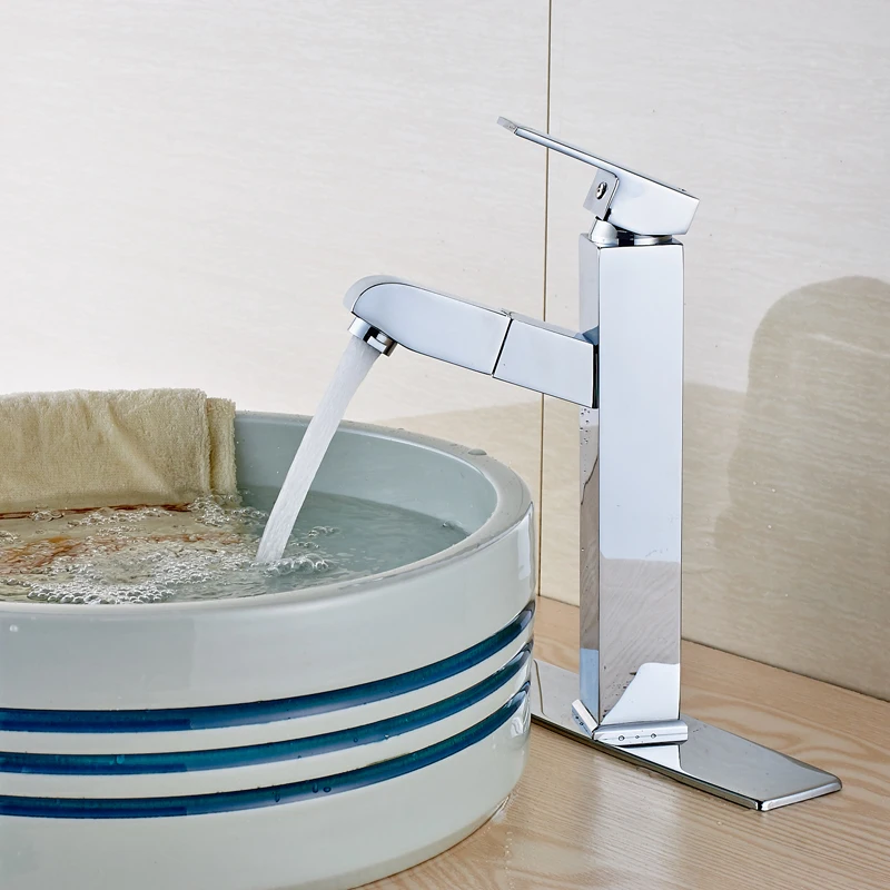 

Chrome Finished Deck Mounted Bathroom Sink/Basin Faucet Single Handle Pull Out Mixer Tap With Cover Plate