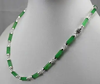 

Hot sale Free Shipping>>New ! Cylindrical shape green stone silver necklace
