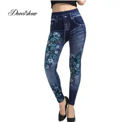 Эластичные тонкие Для женщин бесшовные искусственного лосины из джинсовой ткани принт флис Фитнес лодыжки брюки-карандаши эластичные Push up