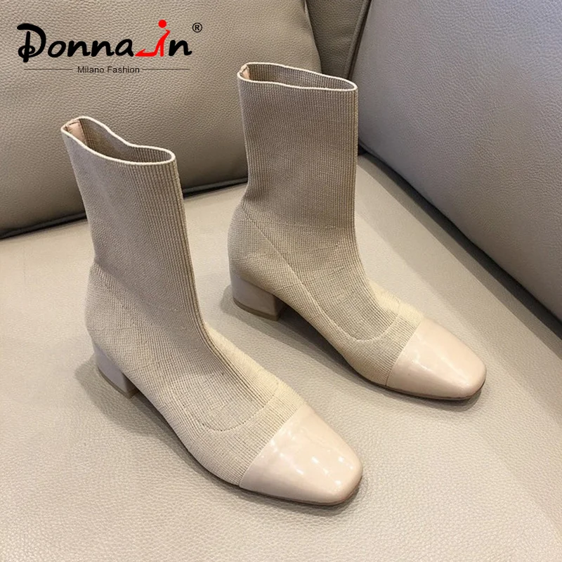 

Donna-in Soft knitted Sock Boots Stretch Fabric Shoes Med Heels Square Toe Mid Calf For Ladies 2020 Leather Winter Women Boots
