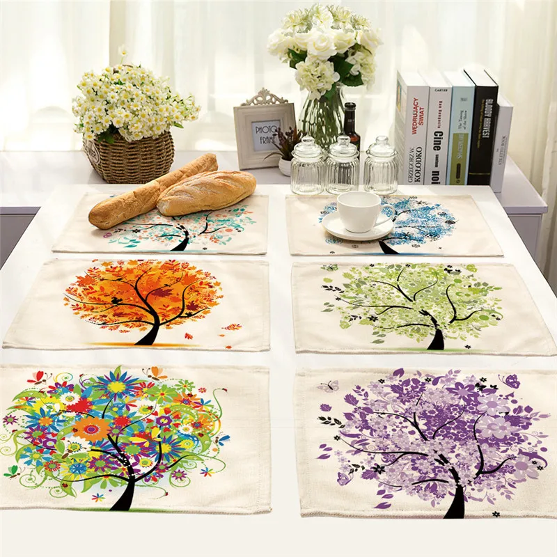 1Pcs Colorful Flower Tree Pattern Kitchen Placemat Coaster Dining Table Mat Cotton Linen Pad Cup Mats 42*32cm Home Decor MP0003